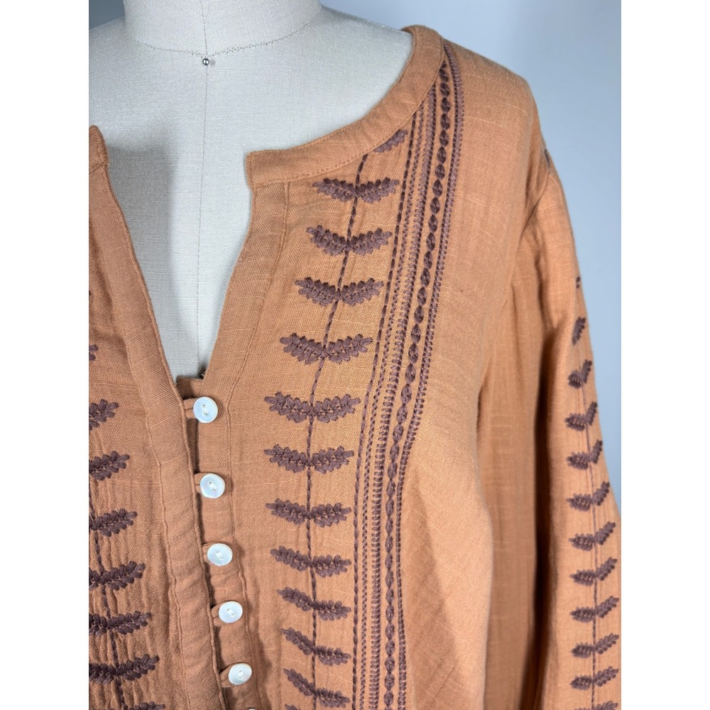 Pure Jill Womens Blouse LP Burnt Orange Embroidered Gauze Boho Peasant Top - Picture 3 of 14